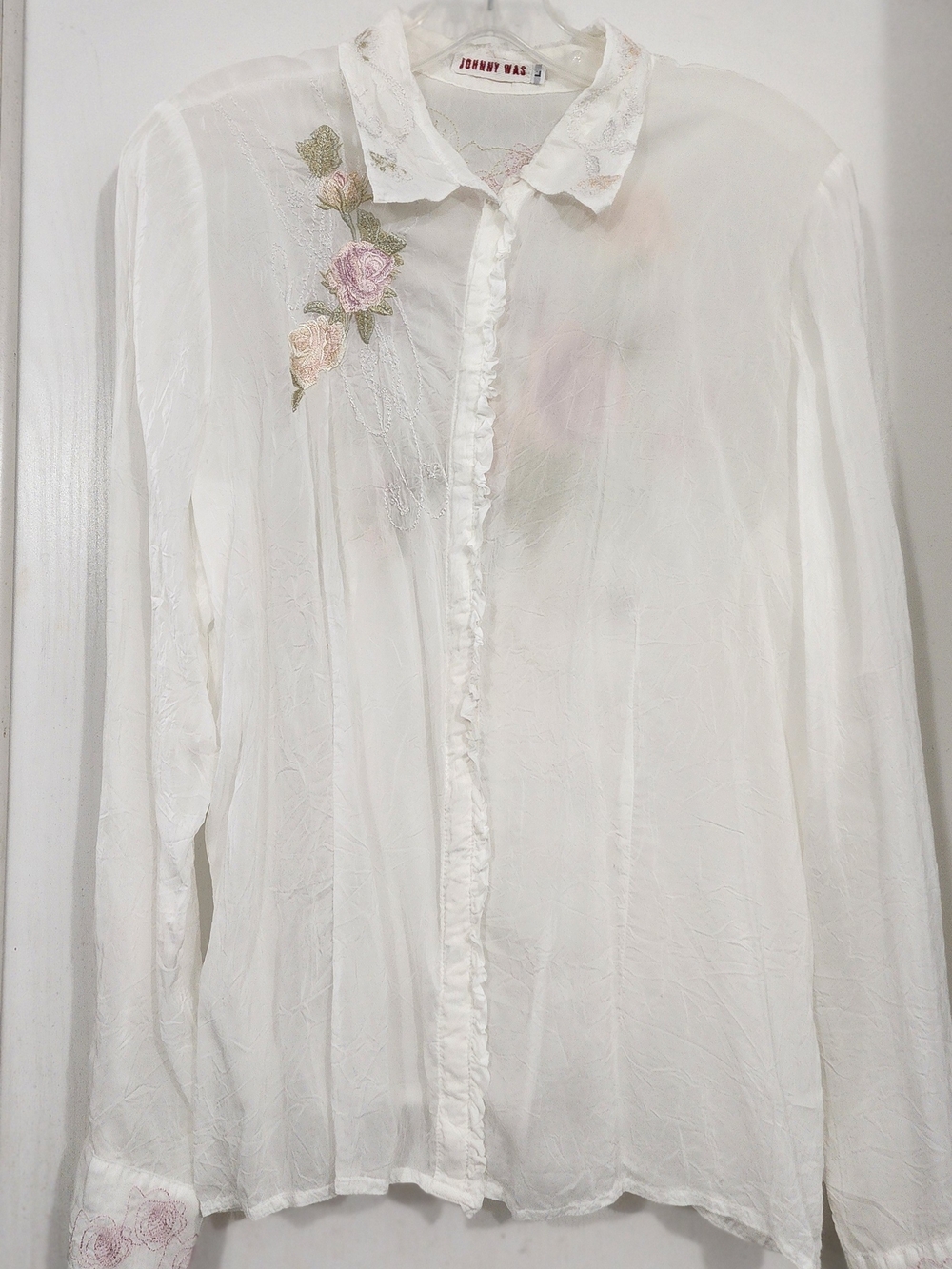 Johnny Was White Sheer Blouse with Pink Rose Embroidery
